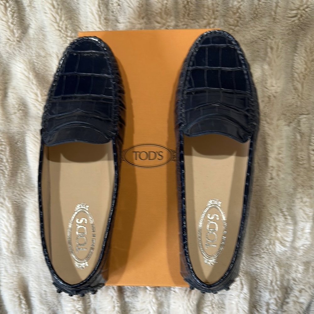TOD'S Navy Crocodile Embossed Loafers